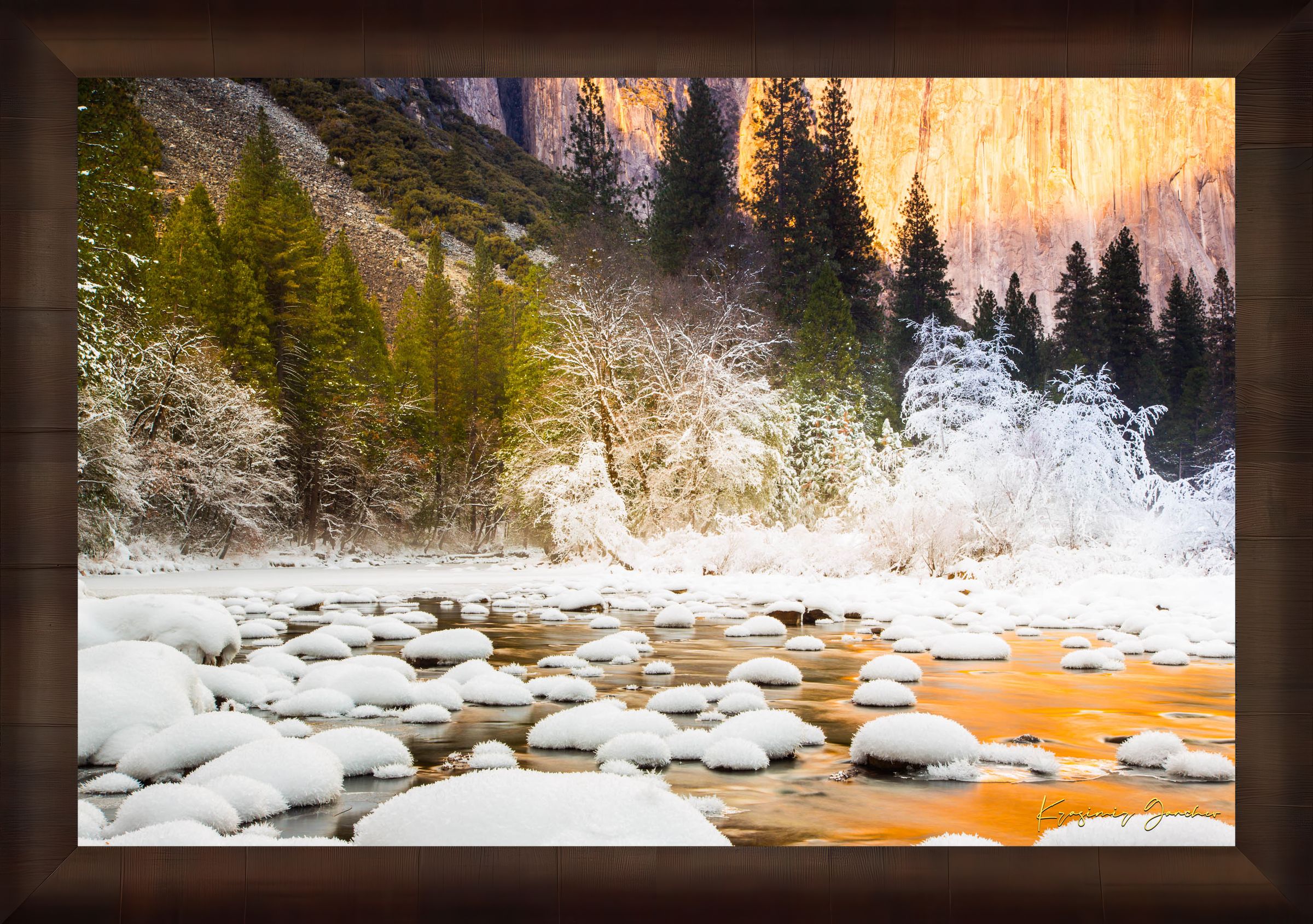 Merced River flowing through Yosemite National Park during sunset with golden light reflecting on snowy granite rock faces. #Finish_Roma Cigar Leaf Frame