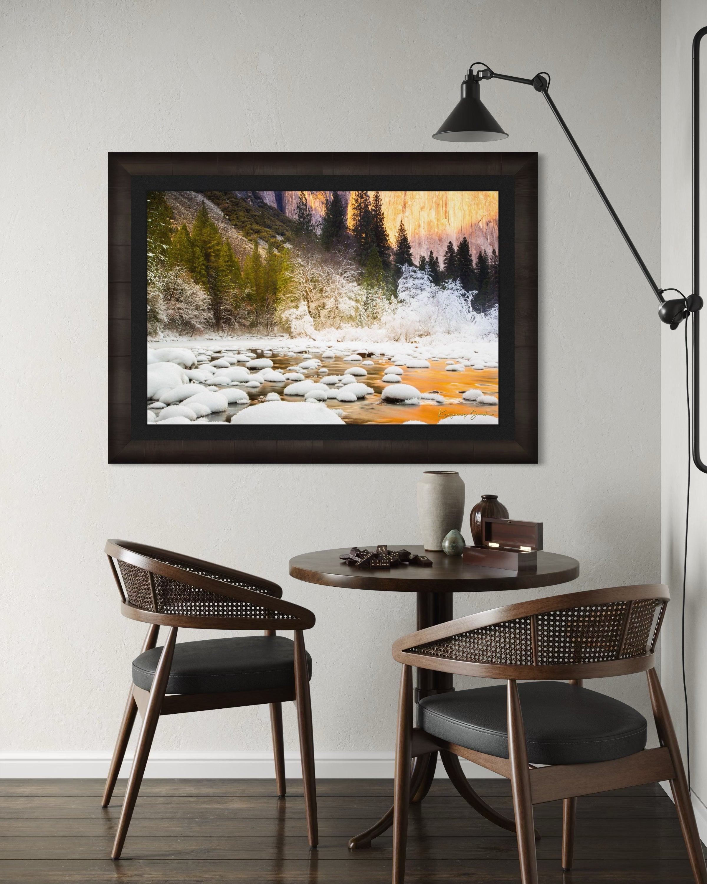 Merced River flowing through Yosemite National Park during sunset with golden light reflecting on snowy granite rock faces. #Finish_Roma Dark Ash Frame & Dark Liner