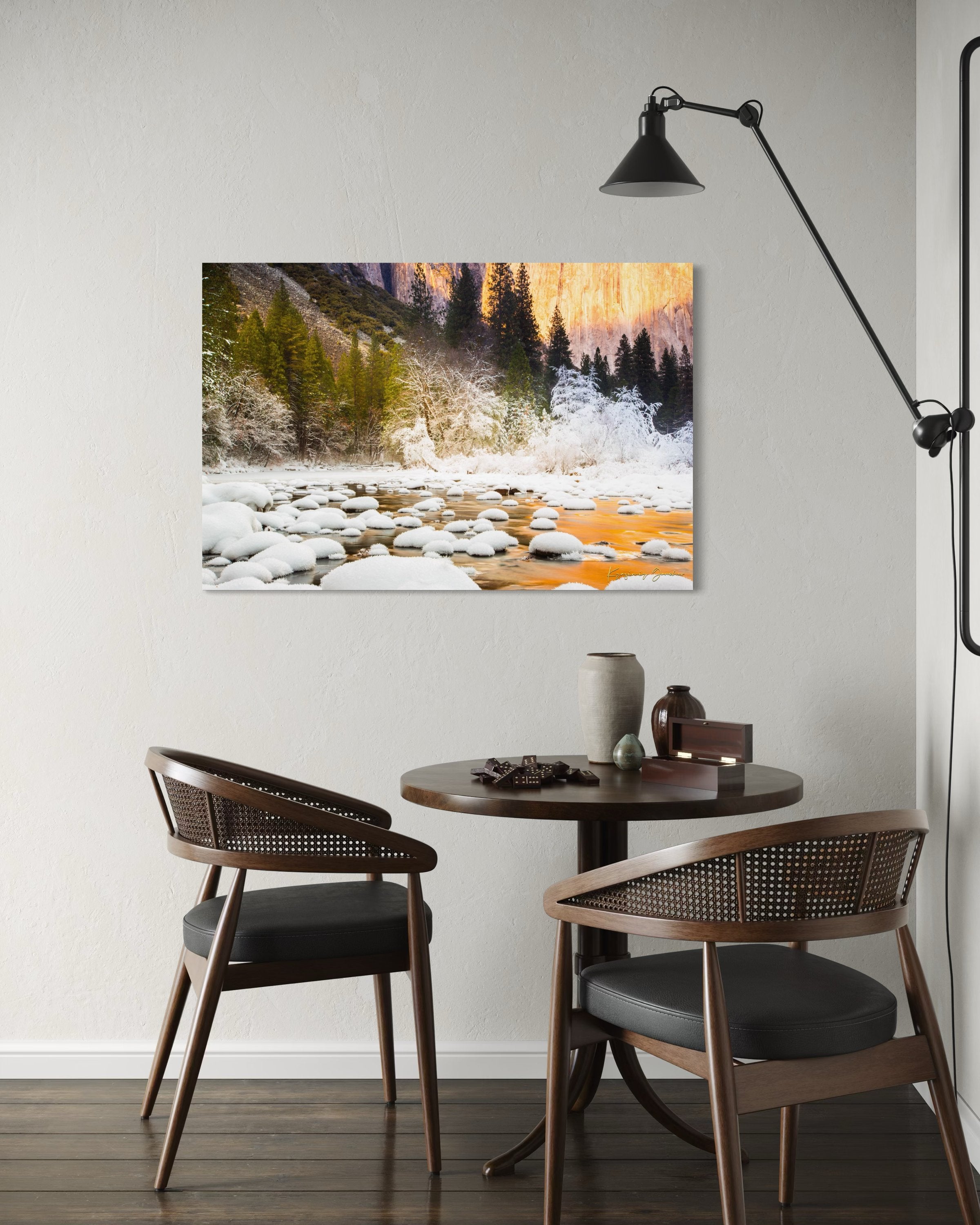 Merced River flowing through Yosemite National Park during sunset with golden light reflecting on snowy granite rock faces. #Finish_Acrylic Recess