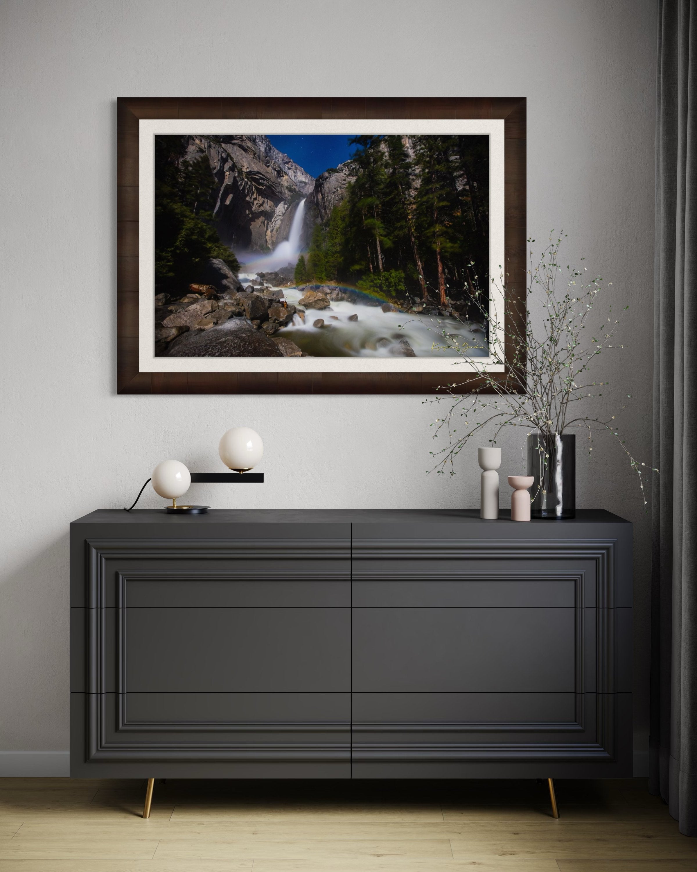 Yosemite Falls illuminated by starlight and an arc of moonbow, long exposure capturing flowing water against a clouded sky. #Finish_Roma Cigar Leaf Frame & Bright Liner