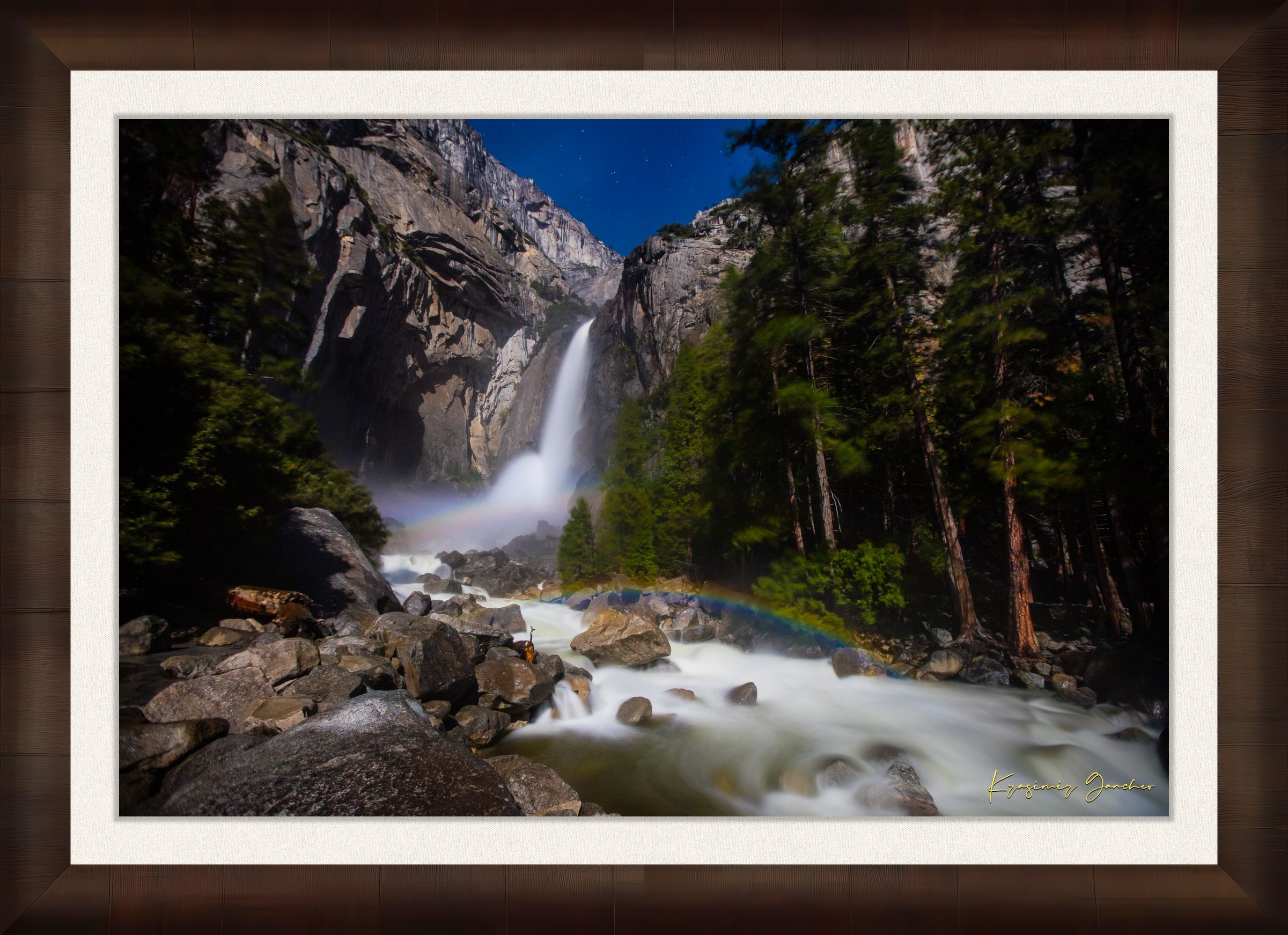 Yosemite Falls illuminated by starlight and an arc of moonbow, long exposure capturing flowing water against a clouded sky. #Finish_Roma Cigar Leaf Frame & Bright Liner
