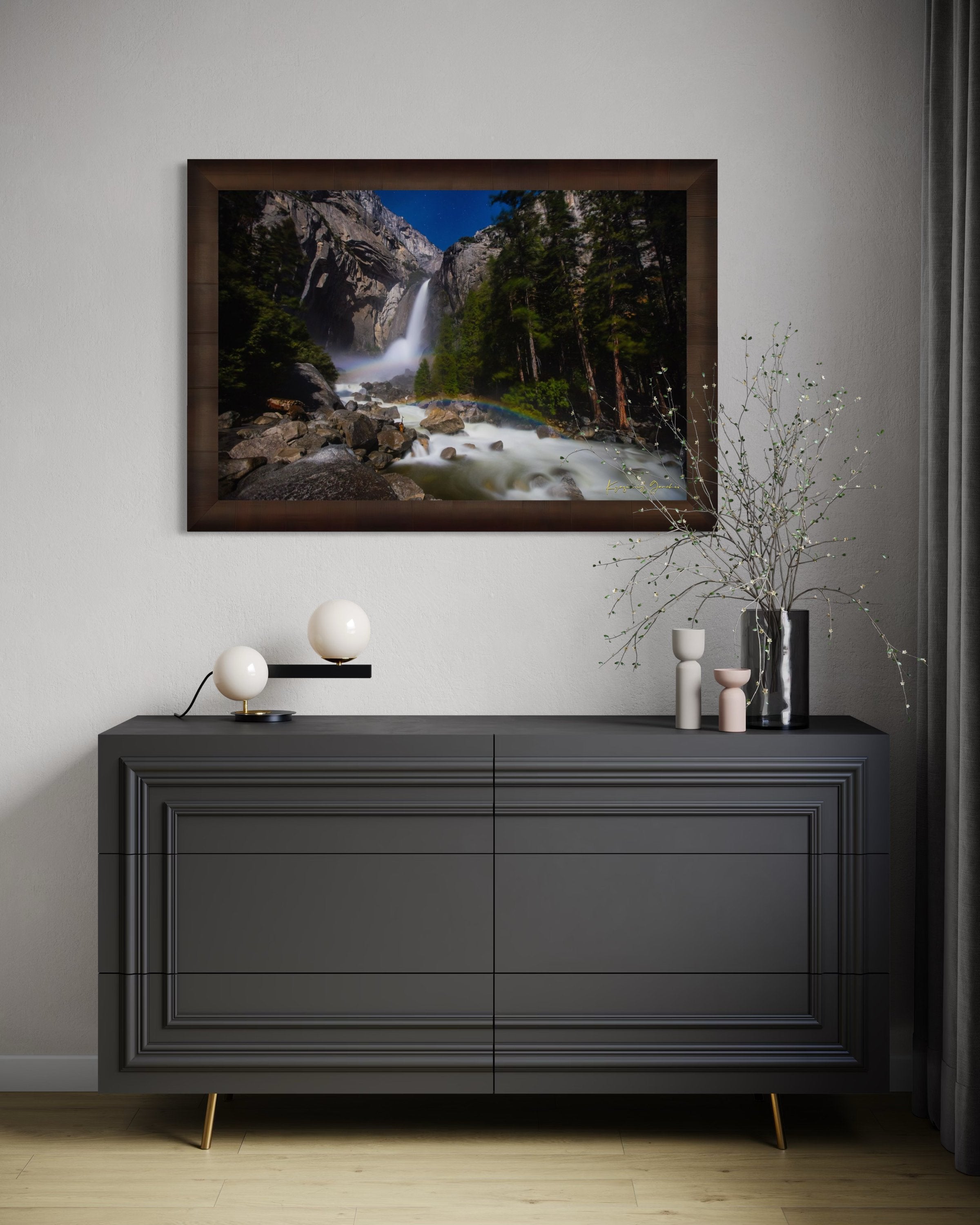 Yosemite Falls illuminated by starlight and an arc of moonbow, long exposure capturing flowing water against a clouded sky. #Finish_Roma Cigar Leaf Frame