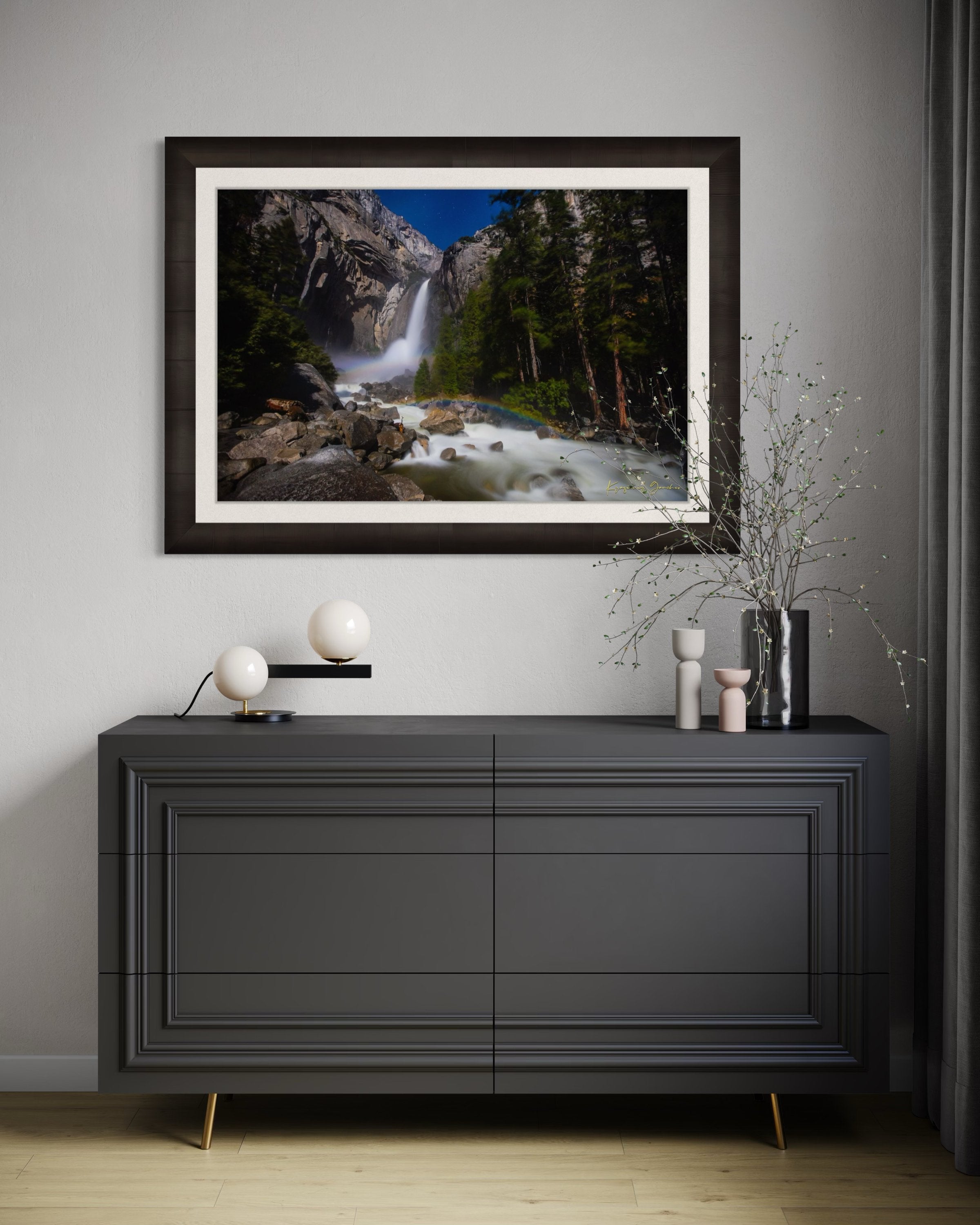 Yosemite Falls illuminated by starlight and an arc of moonbow, long exposure capturing flowing water against a clouded sky. #Finish_Roma Dark Ash Frame & Bright Liner