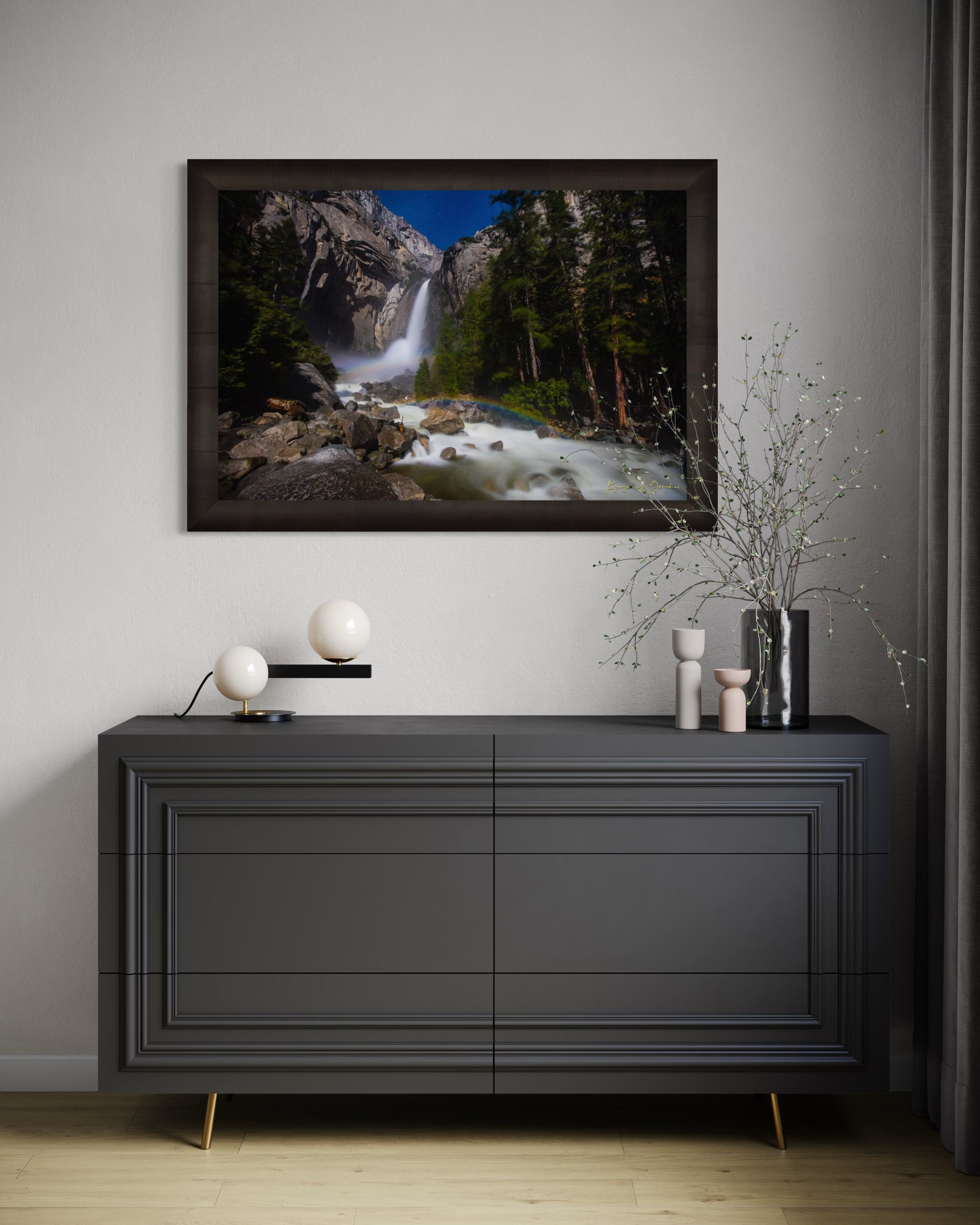 Yosemite Falls illuminated by starlight and an arc of moonbow, long exposure capturing flowing water against a clouded sky. #Finish_Roma Dark Ash Frame